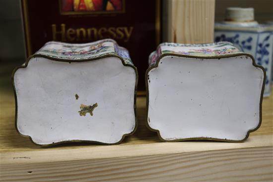 Two Chinese enamel tea caddies and three porcelain caddies largest 11cm